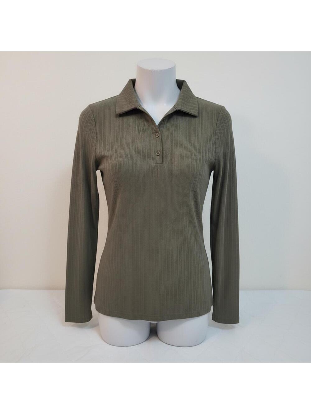Olive Green Long Sleeve Ribbed Polo Shirt